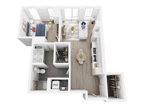 A top down view of a small apartment with a kitchen, living room, and bathroom.